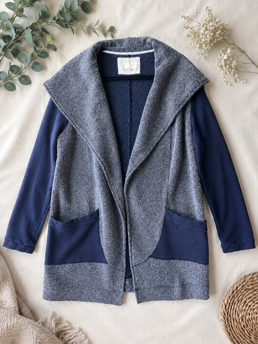 Anthropologie Navy and Gray Hooded Open Cardigan